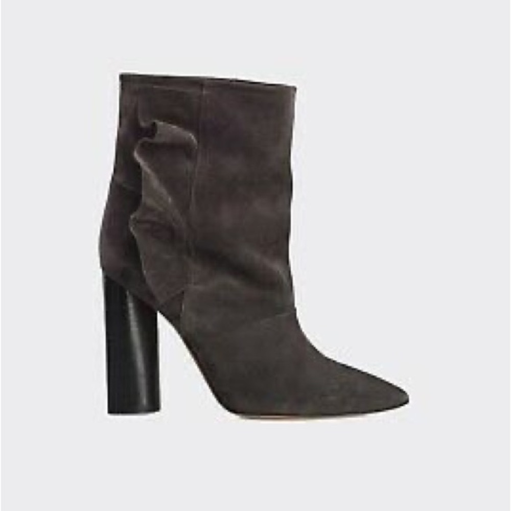 IRO Suede Pointy Toe Block Heels Ankle Booties with Ruffle